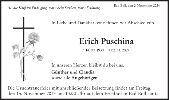 Traueranzeige von Erich Puschina von NWZ Neue Württembergische Zeitung