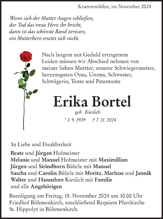 Traueranzeige von Erika Bortel von NWZ Neue Württembergische Zeitung/Geislinger Zeitung