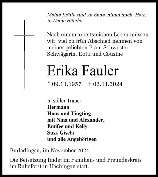 Traueranzeige von Erika Fauler von SÜDWEST PRESSE Zollernalbkreis/Hohenzollerische Zeitung