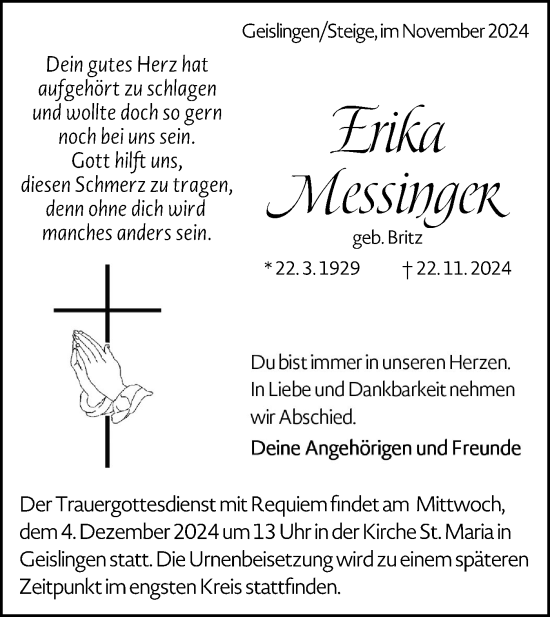 Traueranzeige von Erika Messinger von Geislinger Zeitung