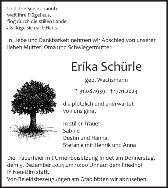 Traueranzeige von Erika Schürle von SÜDWEST PRESSE Ausgabe Ulm/Neu-Ulm/Neu-Ulmer Zeitung