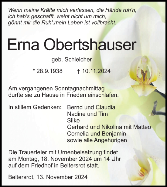 Traueranzeige von Erna Obertshauser Obertshauser von Haller Tagblatt