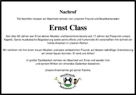 Traueranzeige von Ernst Class von Alb-Bote/Metzinger-Uracher Volksblatt