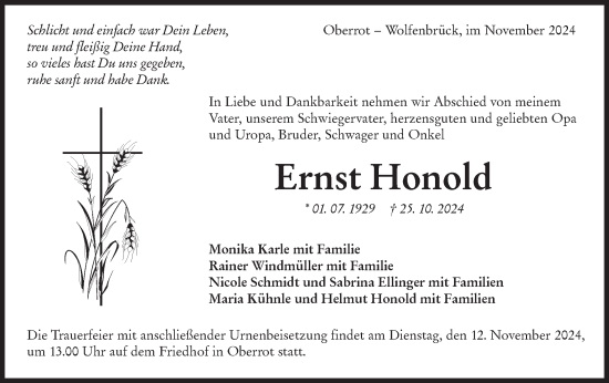 Traueranzeige von Ernst Honold von Rundschau Gaildorf/Haller Tagblatt