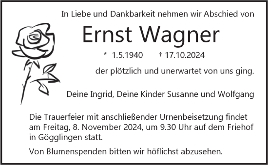 Traueranzeige von Ernst Wagner von SÜDWEST PRESSE Ausgabe Ulm/Neu-Ulm