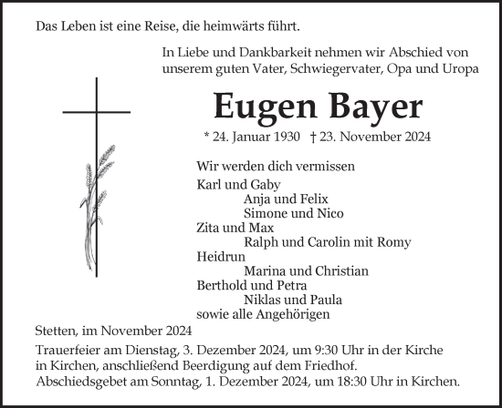 Traueranzeige von Eugen Bayer von Ehinger Tagblatt