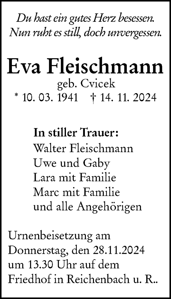 Traueranzeige von Eva Fleischmann von NWZ Neue Württembergische Zeitung