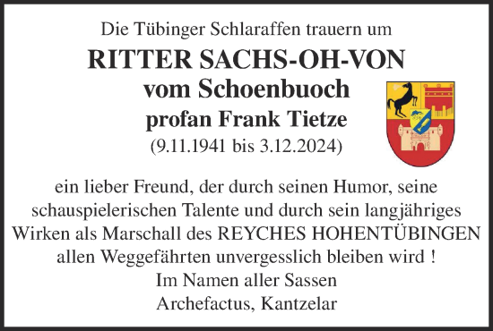 Traueranzeige von Frank Tietze von Schwäbische Tagblatt