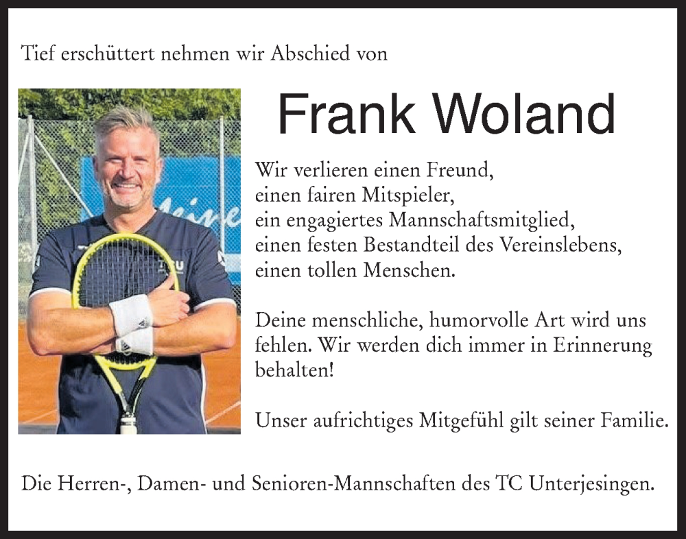  Traueranzeige für Frank Woland vom 20.11.2024 aus Schwäbische Tagblatt