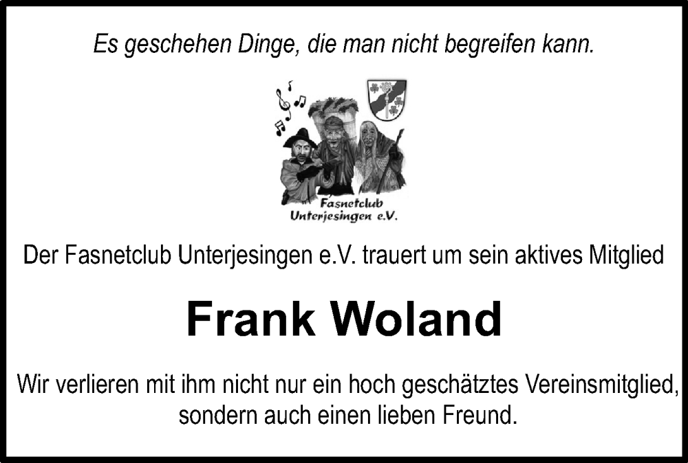  Traueranzeige für Frank Woland vom 20.11.2024 aus Schwäbische Tagblatt