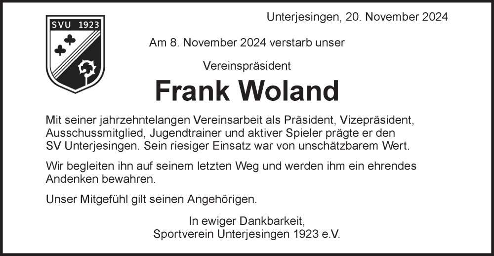  Traueranzeige für Frank Woland vom 20.11.2024 aus Schwäbische Tagblatt