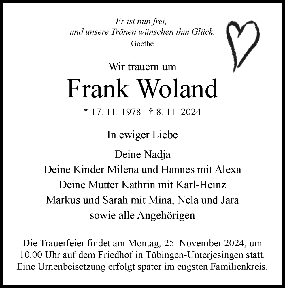  Traueranzeige für Frank Woland vom 20.11.2024 aus Schwäbische Tagblatt