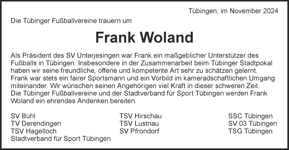  Traueranzeige für Frank Woland vom 20.11.2024 aus Schwäbische Tagblatt