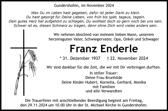 Traueranzeige von Franz Enderle von Alb-Bote/Ehinger Tagblatt