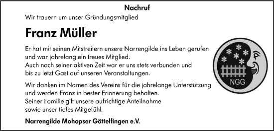 Traueranzeige von Franz Müller von Neckar-Chronik