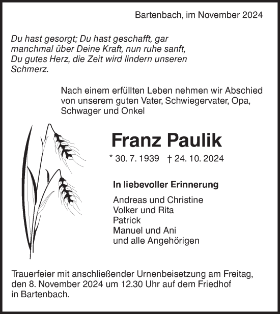 Traueranzeige von Franz Paulik von NWZ Neue Württembergische Zeitung