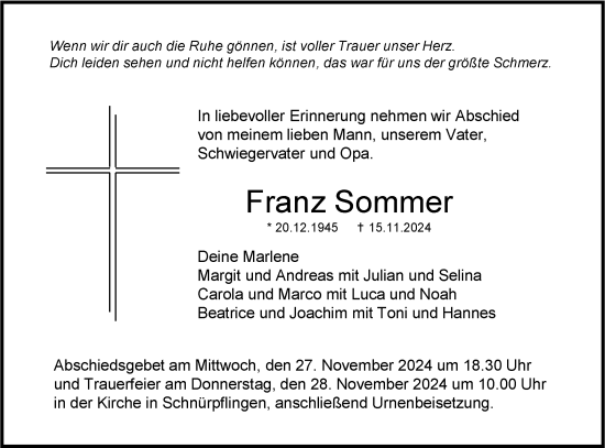 Traueranzeige von Franz Sommer von SÜDWEST PRESSE Ausgabe Ulm/Neu-Ulm