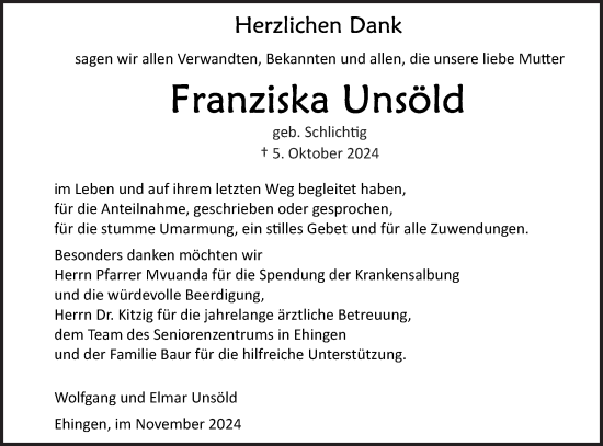 Traueranzeige von Franziska Unsöld von Ehinger Tagblatt