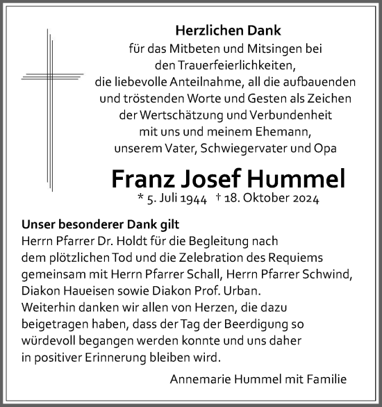 Traueranzeige von Franz Josef Hummel von Schwäbische Tagblatt