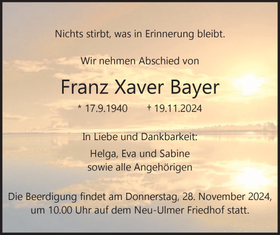 Traueranzeige von Franz Xaver Bayer von SÜDWEST PRESSE Ausgabe Ulm/Neu-Ulm