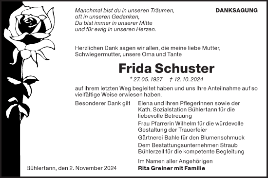 Traueranzeige von Frida Schuster von Haller Tagblatt