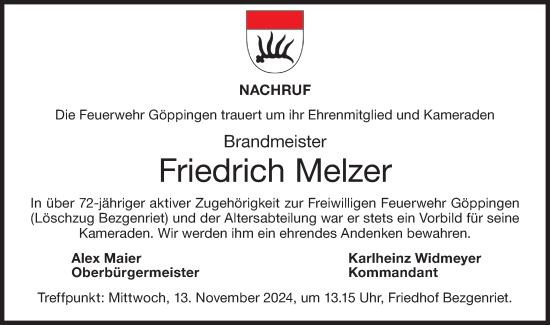 Traueranzeige von Friedrich Melzer von NWZ Neue Württembergische Zeitung