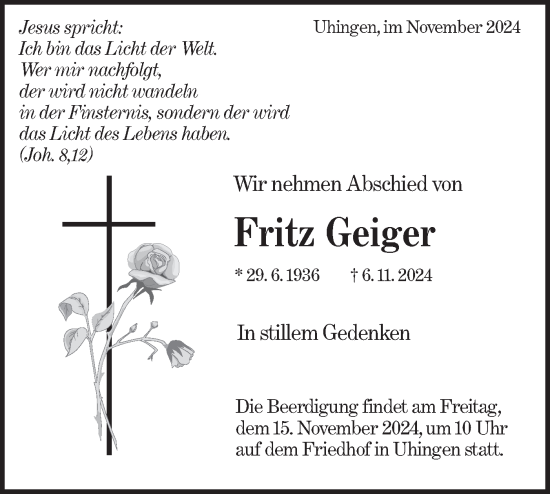 Traueranzeige von Fritz Geiger von NWZ Neue Württembergische Zeitung