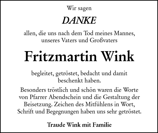 Traueranzeige von Fritzmartin Wink von Haller Tagblatt