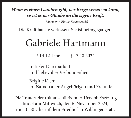 Traueranzeige von Gabriele Hartmann von SÜDWEST PRESSE Ausgabe Ulm/Neu-Ulm