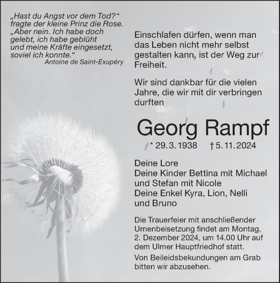 Traueranzeige von Georg Rampf von SÜDWEST PRESSE Ausgabe Ulm/Neu-Ulm