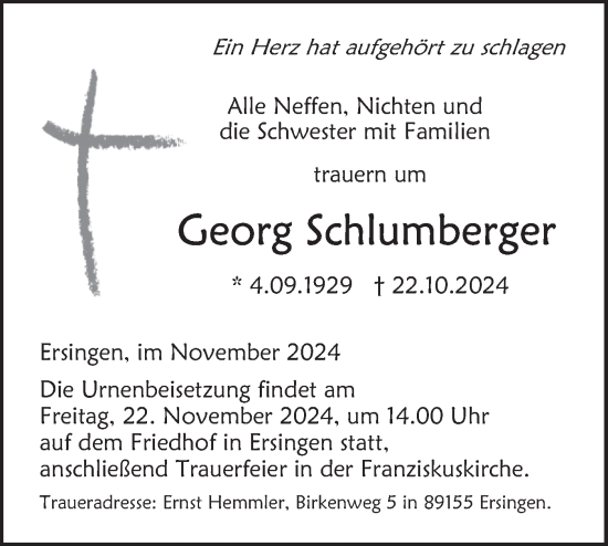 Traueranzeige von Georg Schlumberger von Ehinger Tagblatt