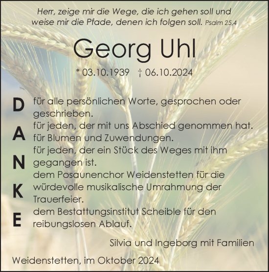 Traueranzeige von Georg Uhl von SÜDWEST PRESSE Ausgabe Ulm/Neu-Ulm