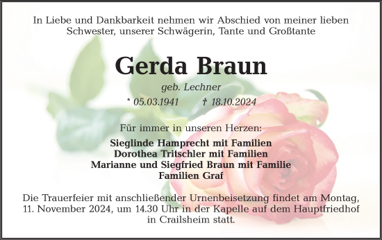 Traueranzeige von Gerda Braun von Hohenloher Tagblatt