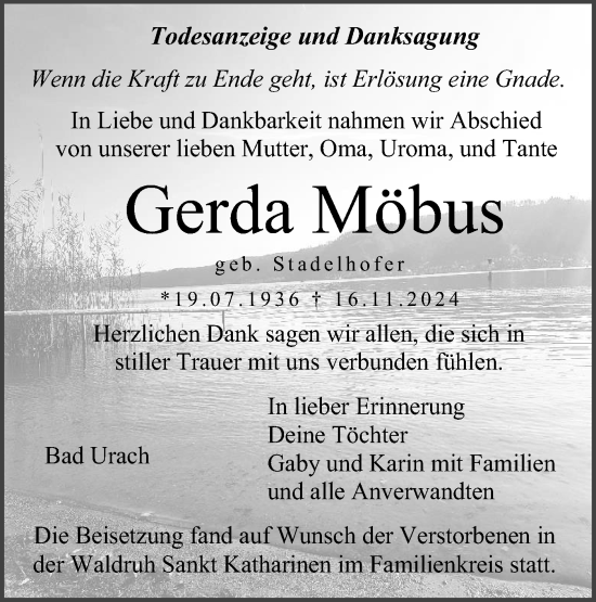 Traueranzeige von Gerda Möbus von Alb-Bote/Metzinger-Uracher Volksblatt