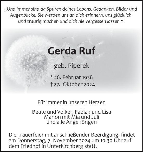 Traueranzeige von Gerda Ruf von SÜDWEST PRESSE Ausgabe Ulm/Neu-Ulm