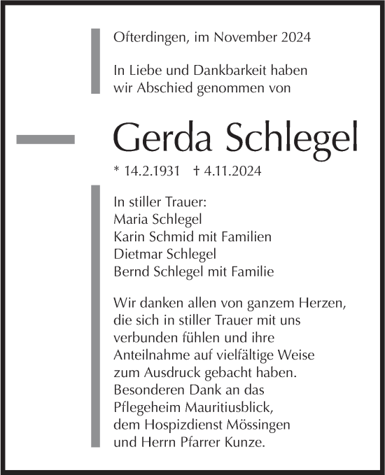 Traueranzeige von Gerda Schlegel von Schwäbische Tagblatt