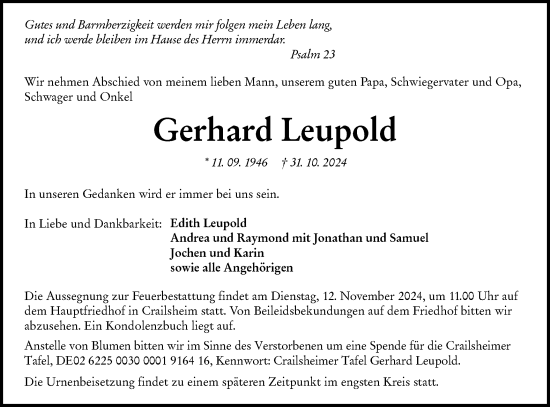 Traueranzeige von Gerhard Leupold von Hohenloher Tagblatt