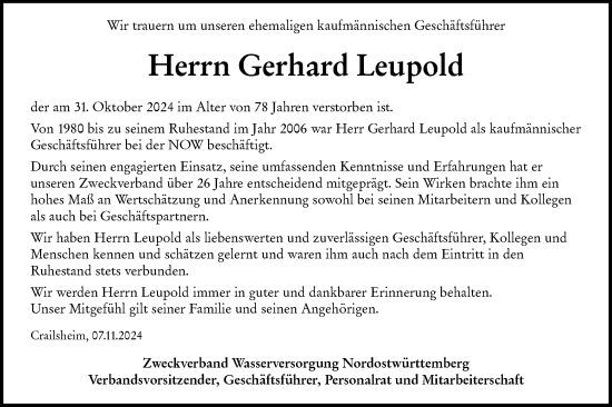 Traueranzeige von Gerhard Leupold von Hohenloher Tagblatt