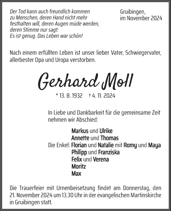 Traueranzeige von Gerhard Moll von NWZ Neue Württembergische Zeitung