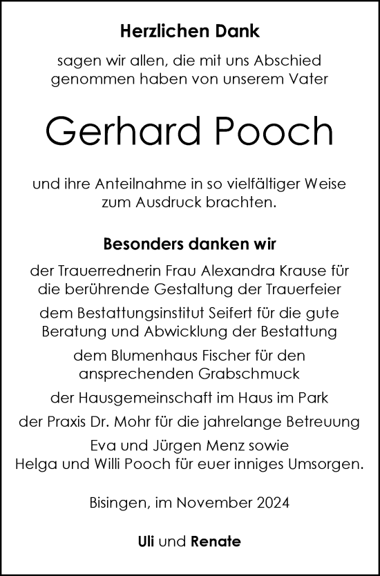 Traueranzeige von Gerhard Pooch von SÜDWEST PRESSE Zollernalbkreis/Hohenzollerische Zeitung