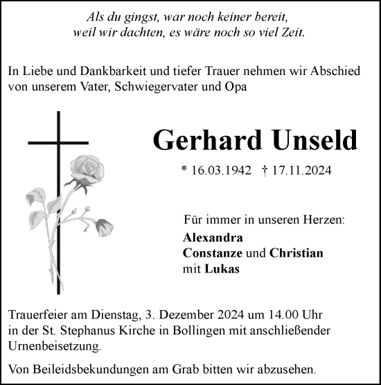 Traueranzeige von Gerhard Unseld von SÜDWEST PRESSE Ausgabe Ulm/Neu-Ulm