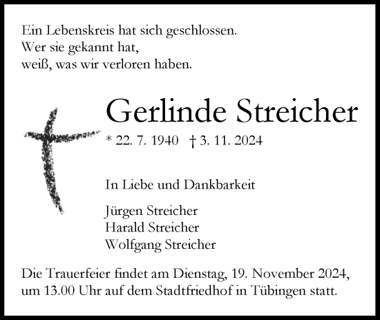 Traueranzeige von Gerlinde Streicher von Schwäbische Tagblatt