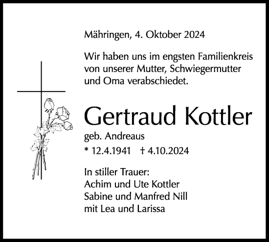 Traueranzeige von Gertraud Kottler von Schwäbische Tagblatt