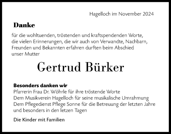 Traueranzeige von Gertrud Bürker von Schwäbische Tagblatt