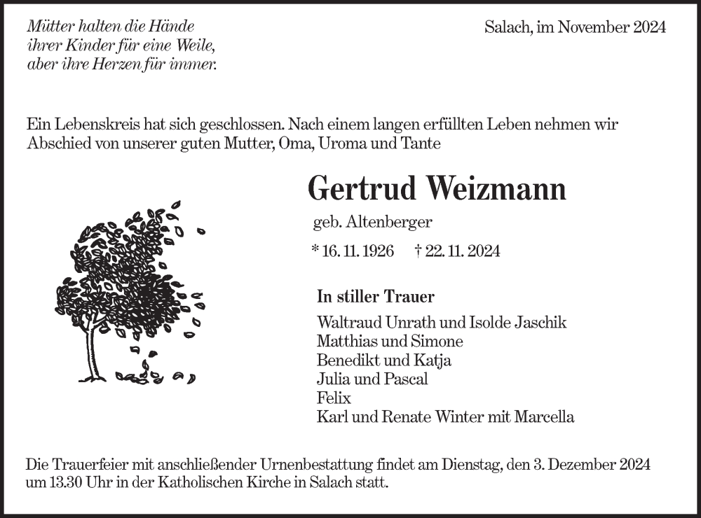  Traueranzeige für Gertrud Weizmann vom 30.11.2024 aus NWZ Neue Württembergische Zeitung