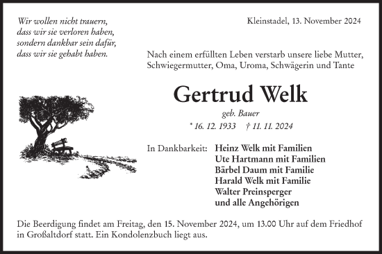 Traueranzeige von Gertrud Welk von Haller Tagblatt