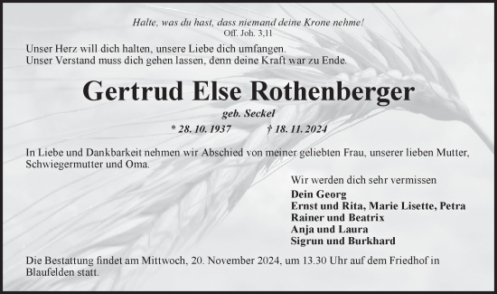 Traueranzeige von Gertrud Else Rothenberger von Hohenloher Tagblatt