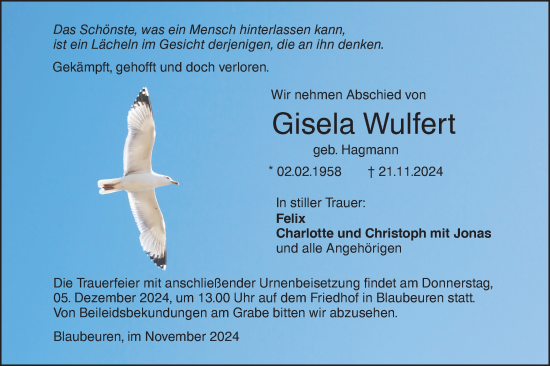 Traueranzeige von Gisela Wulfert von Das Blaumännle