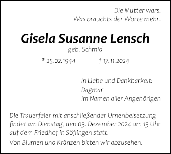 Traueranzeige von Gisela Susanne Lensch von SÜDWEST PRESSE Ausgabe Ulm/Neu-Ulm