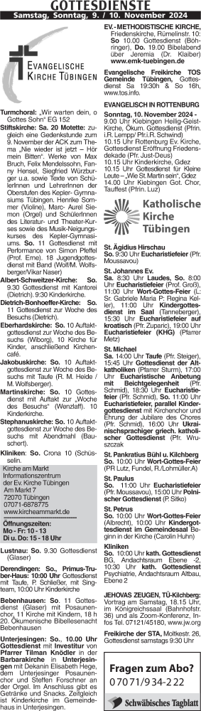 Traueranzeige von Gottesdienste vom 09.11.2024 und 10.11.2024 von Schwäbische Tagblatt